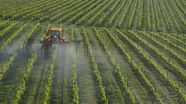 Aerial view of tractor spraying vines in Targon France.