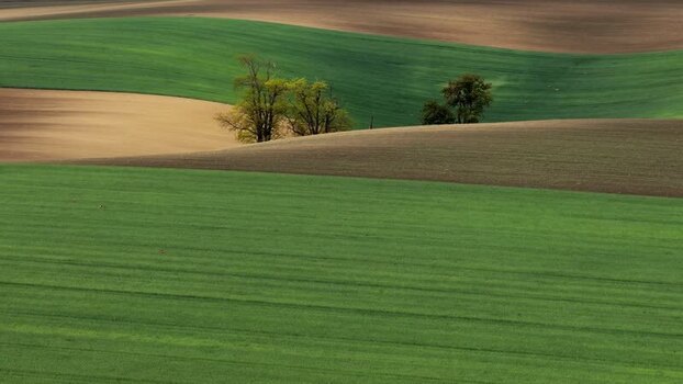 Aerial view of rolling green hills and agricultural fields Czechia.
