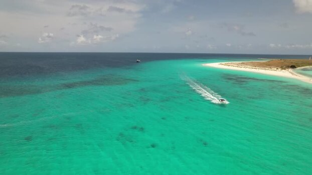 Aerial view of a boat in the turquoise waters of Venezuela.