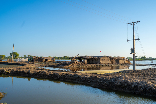View of flooded rural landscape with damaged mud houses and a power line pole under a clear blue sky in Jacobabad Sindh Pakistan.