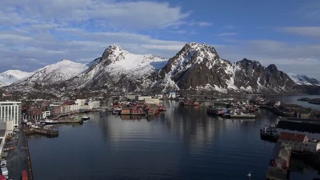 Aerial view of Lofoten harbor in Vagan Municipality Norway.