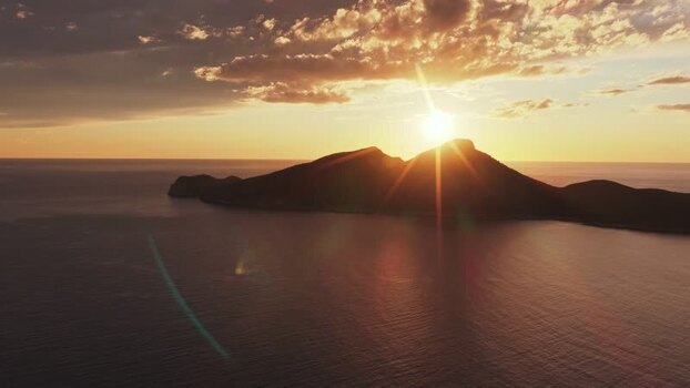 Aerial view of Sa Dragonera island at sunset Spain.