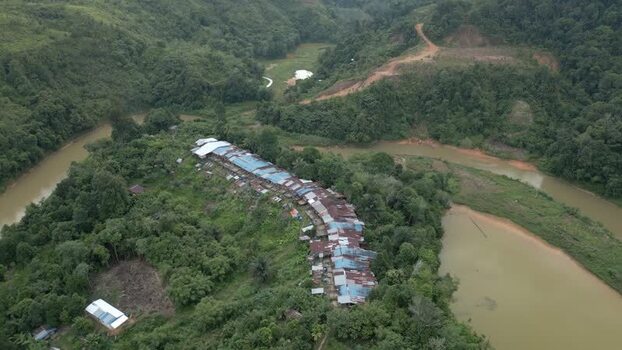 Aerial view of Batang Ai longhouse settlement Malaysia. Aerial view of Batang Ai longhouse settlement Malaysia.