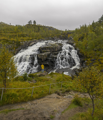 Aerial view of Voringfossen waterfall cascading over dark rocks with autumn foliage and a person in a yellow jacket in Eidfjord Municipality Vestland Norway. Aerial view of Voringfossen waterfall cascading over dark rocks with autumn foliage and a person in a yellow jacket in Eidfjord Municipality Vestland Norway.