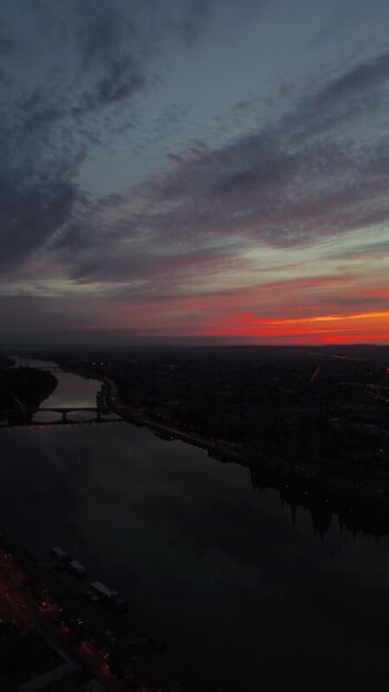 Aerial view of the Danube river at sunset in Budapest Hungary.