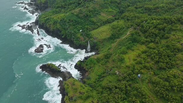 Aerial view of Banyutibo Water Fall on the coast Indonesia.