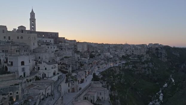Aerial view of Matera historic stone architecture Italy.