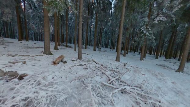 FPV aerial view of snowy forest in Glashutten Germany.