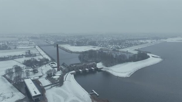 Aerial view of Wouda pumping station in winter Netherlands.