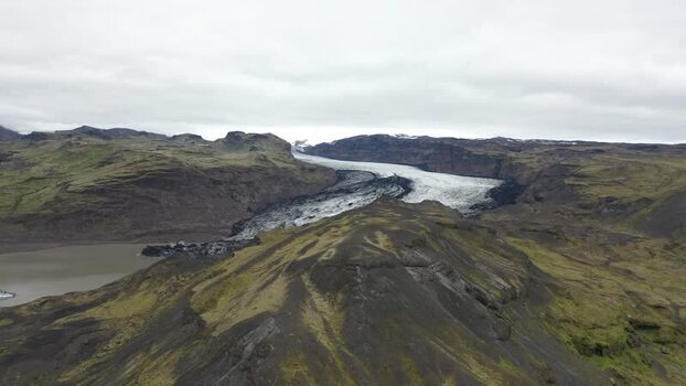 Aerial view of Solheimajokull glacier tongue in Iceland.