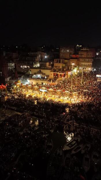 Aerial view of Dashashwamedh Ghat during Ganga Aarti India. Aerial view of Dashashwamedh Ghat during Ganga Aarti India.