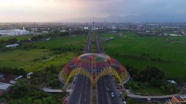 Aerial view of Udayana Gate over road in Mataram Indonesia.