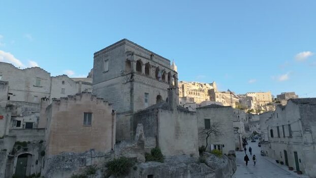 Aerial view of Sassi di Matera historic stone buildings Italy.