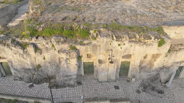 Aerial view of historic cave dwellings in Sassi di Matera Italy.