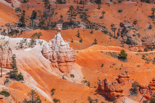 View of the iconic hoodoos and unique orange rock formations at Bryce Canyon National Park in Utah United States.