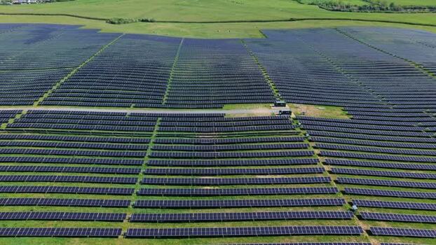 Aerial view of a large solar farm in Irchester United Kingdom.