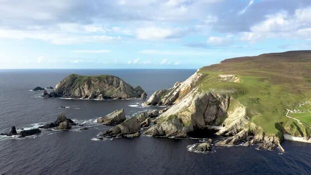 Aerial view of rugged coastal cliffs at An Port Ireland.