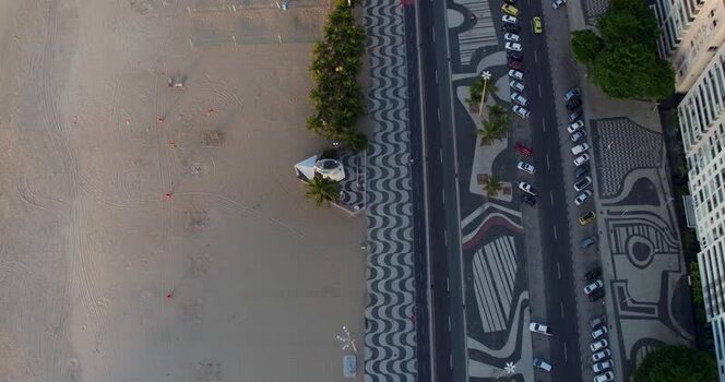 Aerial view of Copacabana beach promenade in Rio de Janeiro Brazil.
