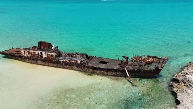 Aerial view of the rusty Crab Cay shipwreck The Bahamas.
