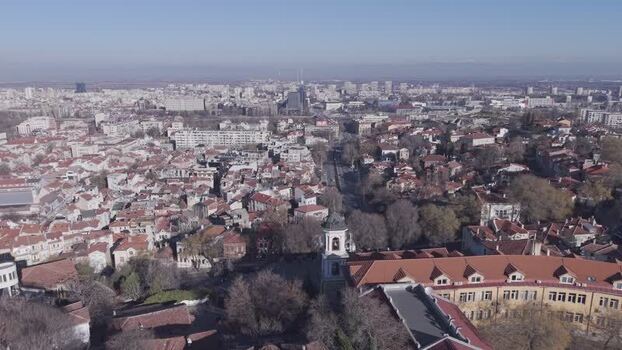 Aerial view of Plovdiv historic rooftops Bulgaria.