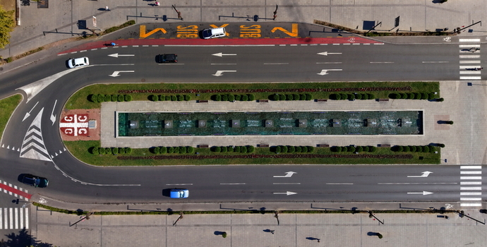 Aerial view of the central fountain and surrounding road infrastructure in Krusevac Rasina District Serbia. Aerial view of the central fountain and surrounding road infrastructure in Krusevac Rasina District Serbia.