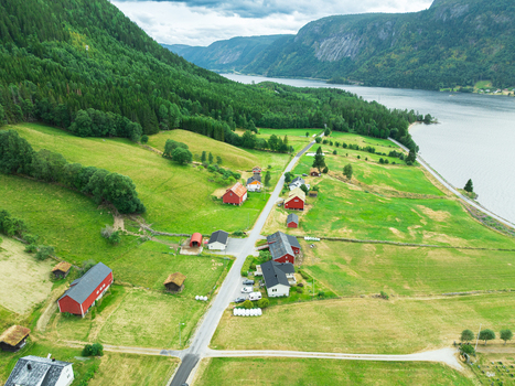 Aerial view of the village of Araksbo with traditional red wooden houses lush green fields and a road winding along the lake in Araksbo Agder Norway.