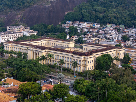 Aerial view of the Instituto Benjamin Constant neoclassical building with its inner courtyard and palm trees Rio de Janeiro Rio de Janeiro Brazil.