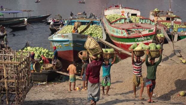 View of workers unloading watermelons at Sadarghat port Bangladesh.
