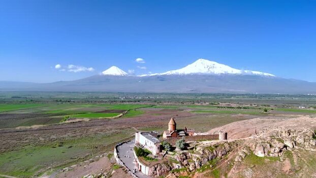 Aerial view of Khor Virap monastery and snow capped Mount Ararat Armenia. Aerial view of Khor Virap monastery and snow capped Mount Ararat Armenia.