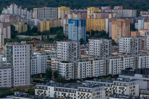 Aerial view of the Goclaw residential district in Warsaw featuring dense apartment blocks and high rise buildings in Warsaw Masovian Voivodeship Poland.
