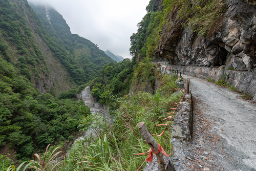 View of the narrow trail carved into the rocky cliffside of Taroko National Park overlooking the lush green gorge and river in Xiulin Township Hualien County Taiwan.
