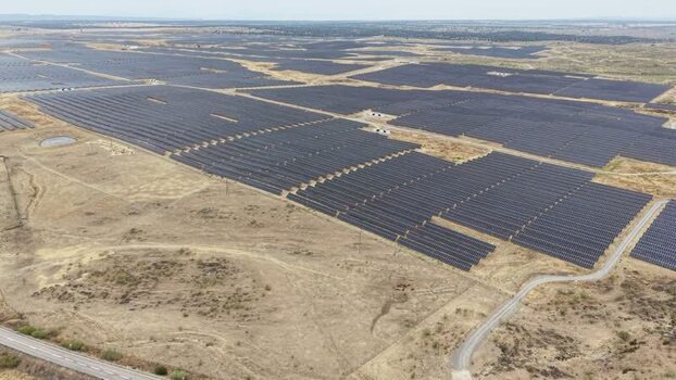 Aerial view of solar farm in Talavan Spain.