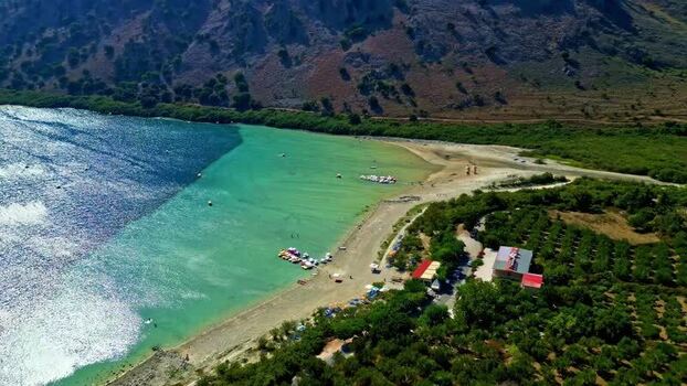 Aerial view of the coastline and beach in Crete Greece.