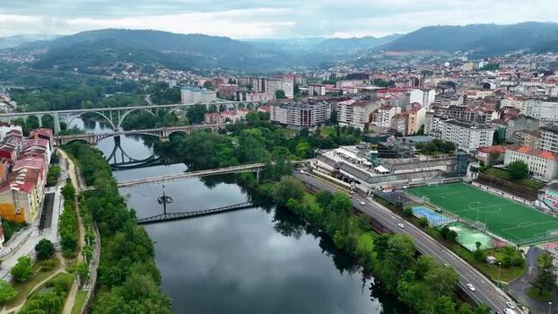 Aerial view of Ponte Nova and the Minho River in Orense Spain.