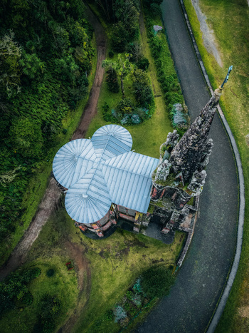 Aerial view of the Santu&aacute;rio do Bom Jesus da Pedra its weathered stone contrasting with the verdant landscape S&atilde;o Miguel Portugal.