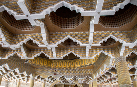 View of intricate geometric patterns and ornate arches adorn the ceiling creating a mesmerizing visual tapestry Tangail Dhaka Division Bangladesh. View of intricate geometric patterns and ornate arches adorn the ceiling creating a mesmerizing visual tapestry Tangail Dhaka Division Bangladesh.