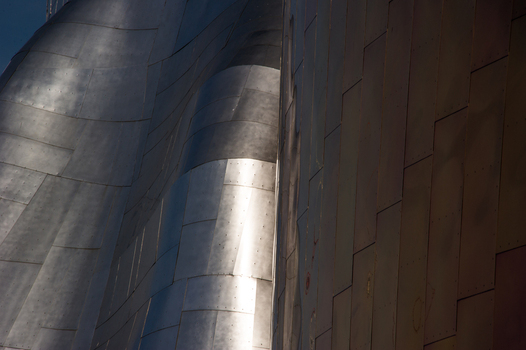 View of the metallic curved exterior panels of the Museum of Pop Culture in Seattle Washington United States.