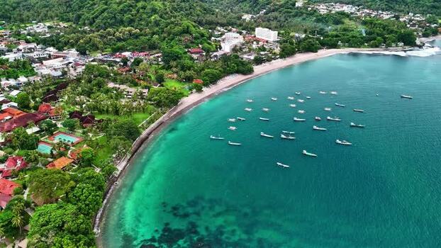 Aerial view of boats along the coast of Bali Indonesia.