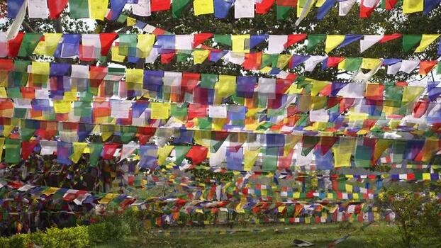 View of colorful Buddhist prayer flags at Lumbini Nepal.
