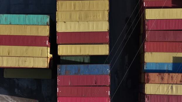 Aerial view of stacked shipping containers Portugal.