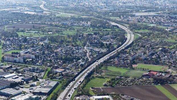 Aerial view of highway and Sausheim city France.