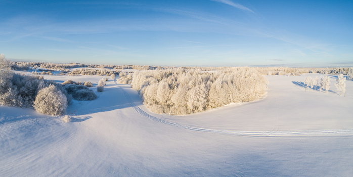 Aerial view of a vast snow covered landscape with frost covered trees under a clear blue sky in Latvia. Aerial view of a vast snow covered landscape with frost covered trees under a clear blue sky in Latvia.