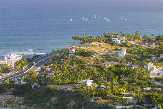 View of the coastal landscape in Cabo San Lucas with palm trees buildings a winding road and the sea with boats in the distance Cabo San Lucas Baja California Sur Mexico.