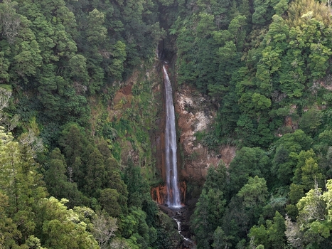 Aerial view of Cascata da Ribeira Quente waterfall cascading down a steep cliff surrounded by lush green forest in Ribeira Quente Azores Portugal. Aerial view of Cascata da Ribeira Quente waterfall cascading down a steep cliff surrounded by lush green forest in Ribeira Quente Azores Portugal.