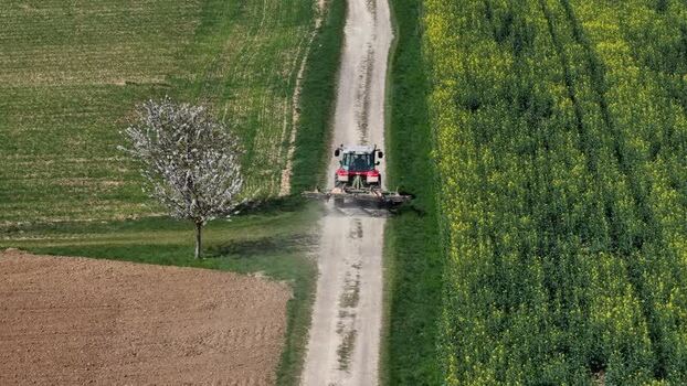 Aerial view of tractor on a path France.