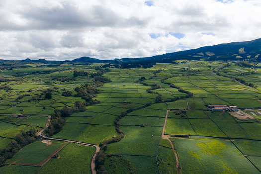Aerial view of the green patchwork fields and stone walls of Terceira Island under a cloudy sky in Azores Portugal. Aerial view of the green patchwork fields and stone walls of Terceira Island under a cloudy sky in Azores Portugal.