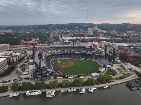 Pittsburgh Pennsylvania United States 26 July 2026 Aerial view of PNC Park the baseball stadium along the Allegheny River with the city skyline and bridges in the background.