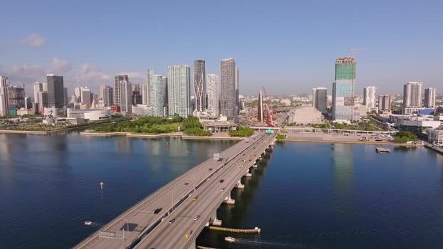Aerial view of MacArthur Causeway bridge United States.