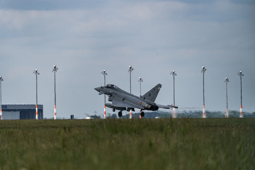 Berlin Berlin Germany 13 June 2026 View of a Eurofighter Typhoon taking off from the runway during the ILA Berlin Air Show with runway lights and a cloudy sky. Berlin Berlin Germany 13 June 2026 View of a Eurofighter Typhoon taking off from the runway during the ILA Berlin Air Show with runway lights and a cloudy sky.