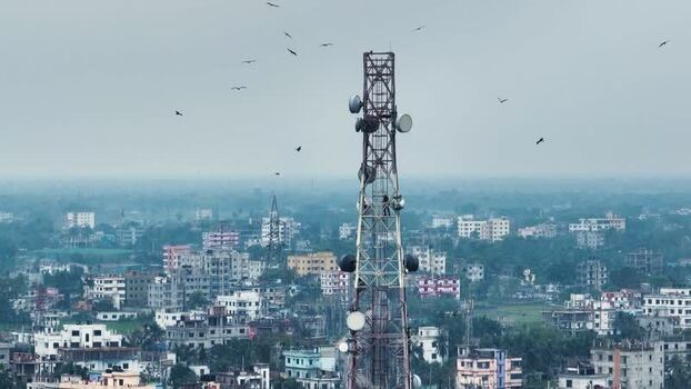 Aerial view of a telecommunications tower. Aerial view of a telecommunications tower.